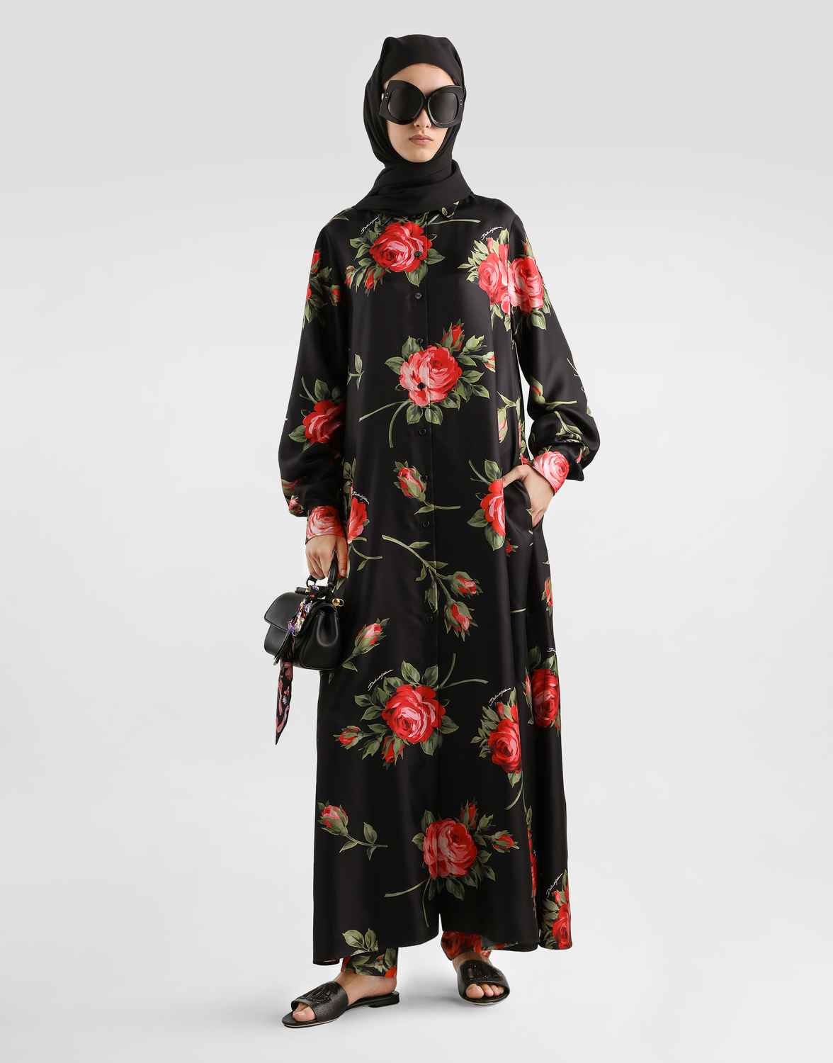 Длинное платье из твила с принтом в виде букета роз DOLCE & GABBANA, мультиколор — фото 2