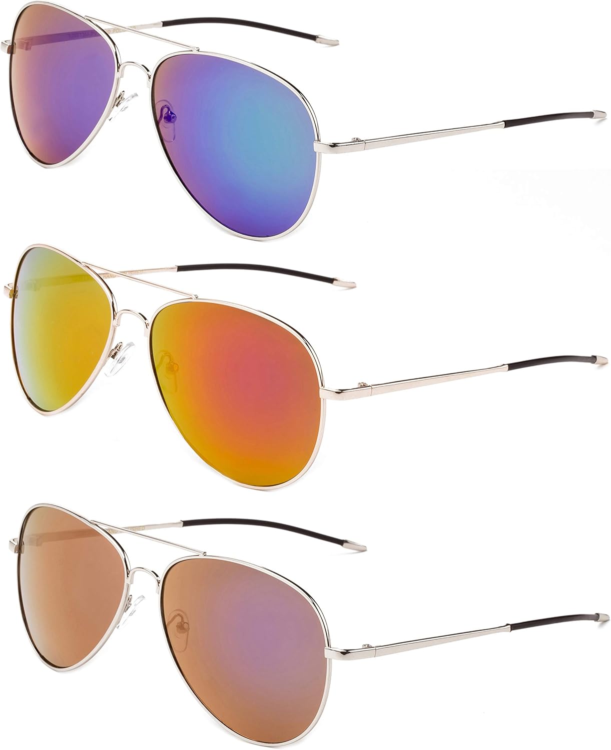

Комплект из 3 металлических солнцезащитных очков-авиаторов Newbee Fashion с широкой оправой для мужчин и женщин, зеркальные линзы с защитой от УФ-излучения UV400, тонкие резиновые наконечники, 3 Pack Orange, Green & Purple