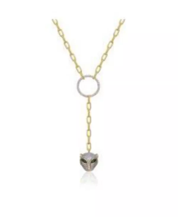 

Ожерелье-Цепочка с кошачьей головой, покрытое 14-каратным золотом и зелеными кубическими цирконами Rachel Glauber, gold