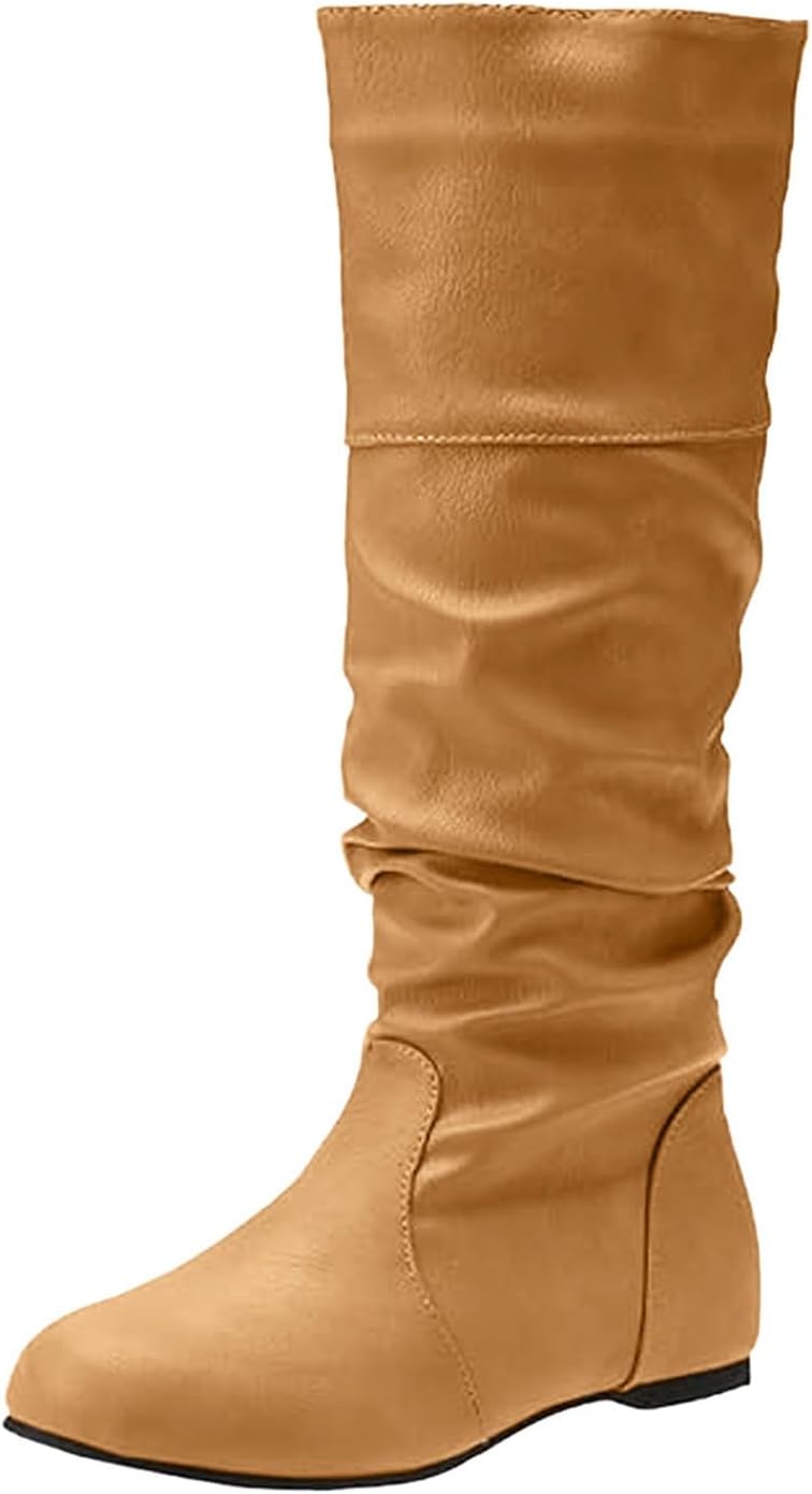 

Женские свободные ботфорты до колена из искусственной кожи, средние голенища, сборка, круглый носок, низкий каблук, на молнии, плоские удобные ботинки для езды, боевые ботиночки Baxtayel, Multicolor 06