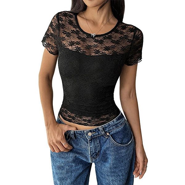 

Женский топ с кружевной вышивкой и коротким рукавом Yesfashion