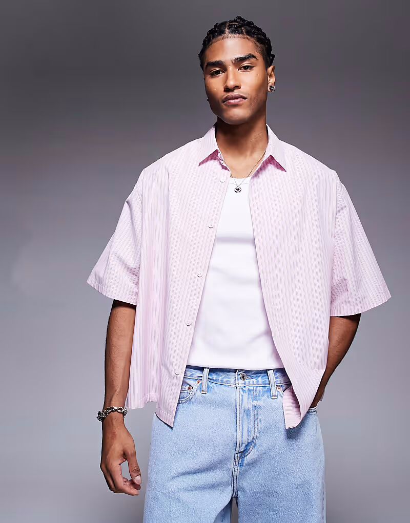 

Рубашка свободного кроя из поплина в полоску розового цвета от ASOS DESIGN