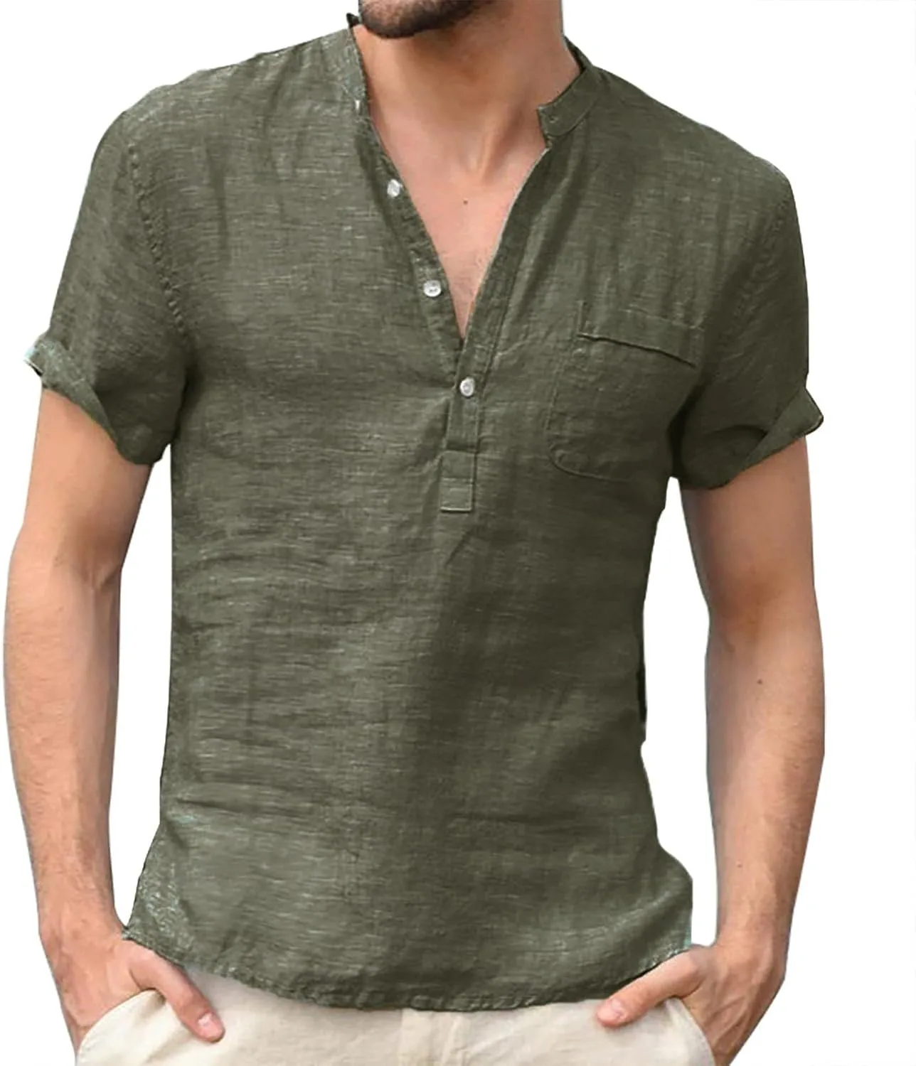 

Мужская повседневная рубашка-поло из льна с воротником стойкой, V-образным вырезом, коротким рукавом и карманом