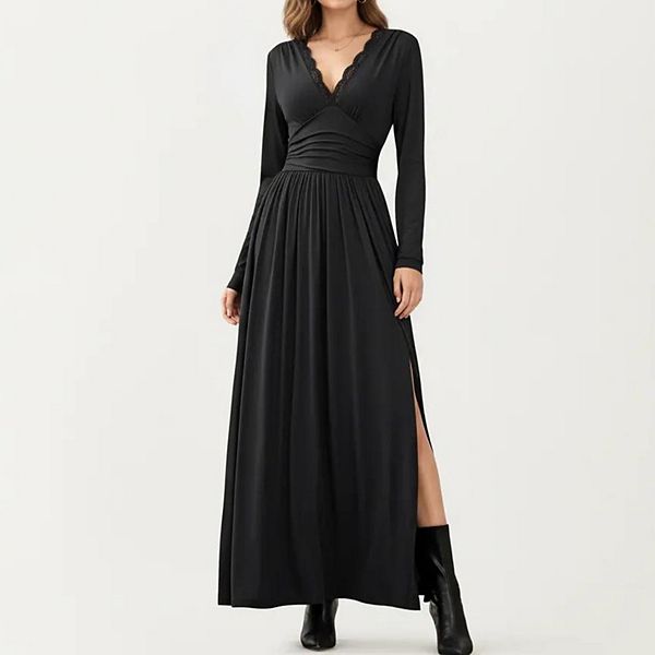 

Женское платье макси с v-образным вырезом, длинным рукавом, кружевными деталями и разрезом сбоку для элегантного струящегося силуэта Anna-Kaci, Black