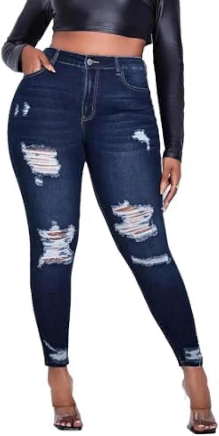 

Женские джинсы Plus Size Skinny Stretch высокие рваные Vaimti
