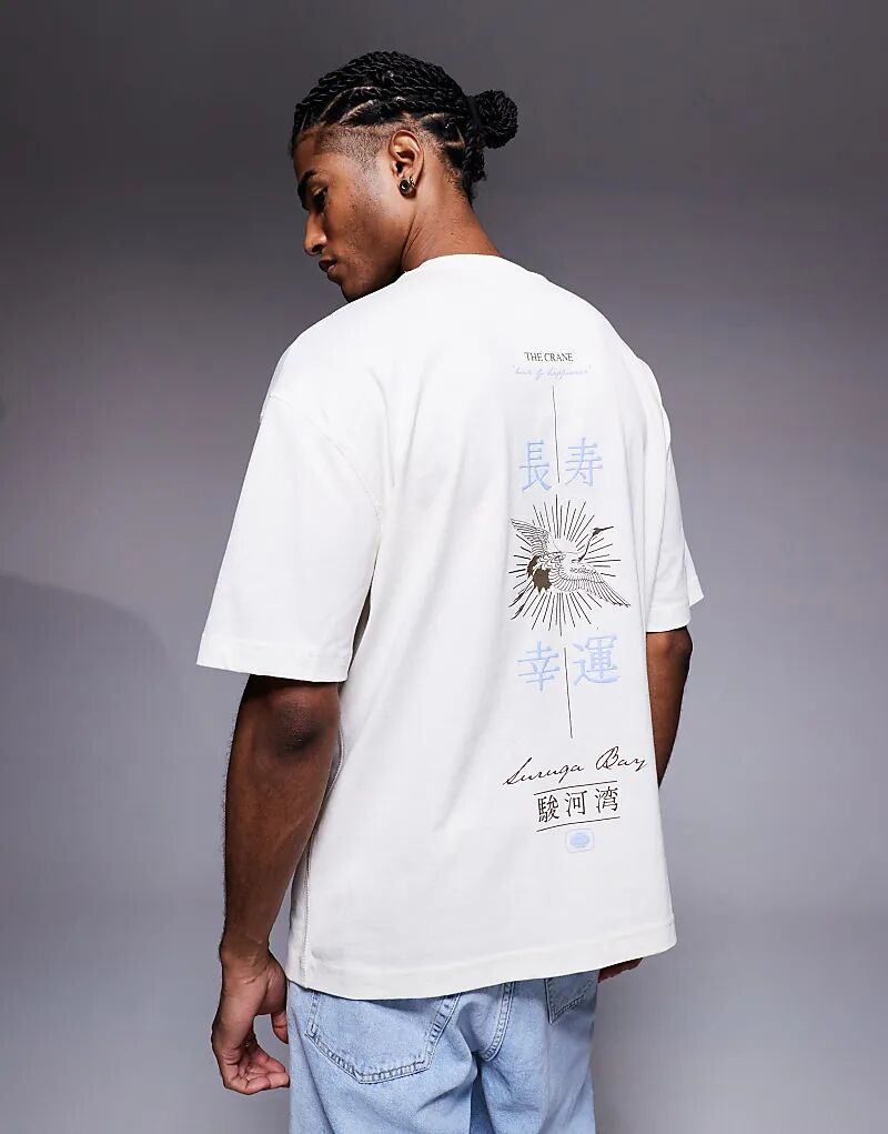 

Футболка River Island oversize с изображением японского журавля в цвете экрю