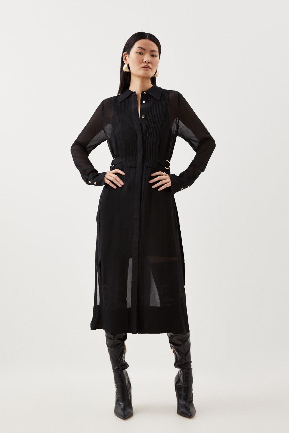 

Тканое платье миди-рубашка с защипами из вискозы Karen Millen, черный