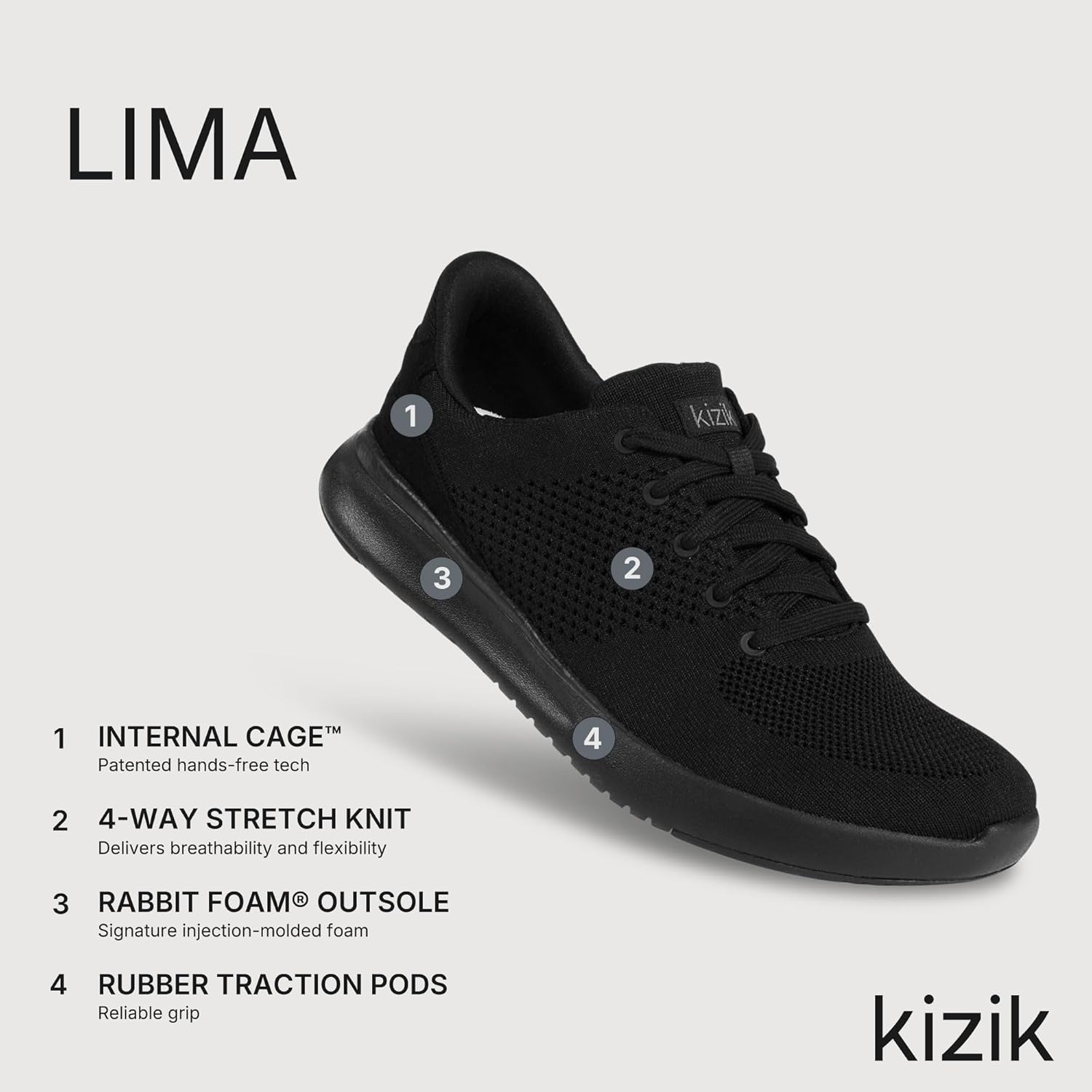 Кроссовки Kizik Slip On: Lima- удобные для повседневной носки, с Hands-Free, дышащий верх из трикотажа, мужские и женские прогулочные обувь с поддержкой свода стопы, черный — фото 3