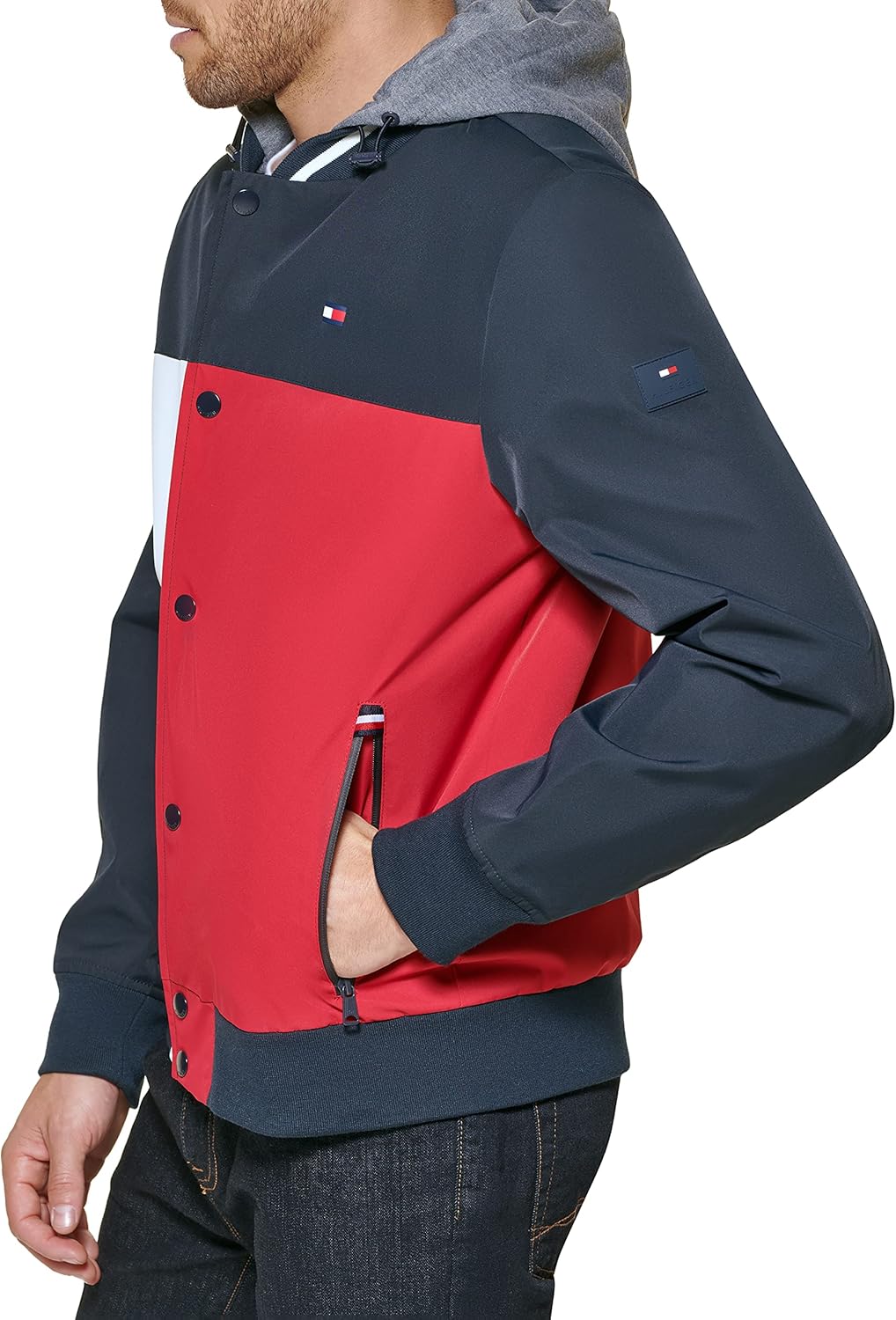 Мужская модная куртка-бомбер Tommy Hilfiger с прикрепленным трикотажным капюшоном, Midnight/Ice/Red — фото 3