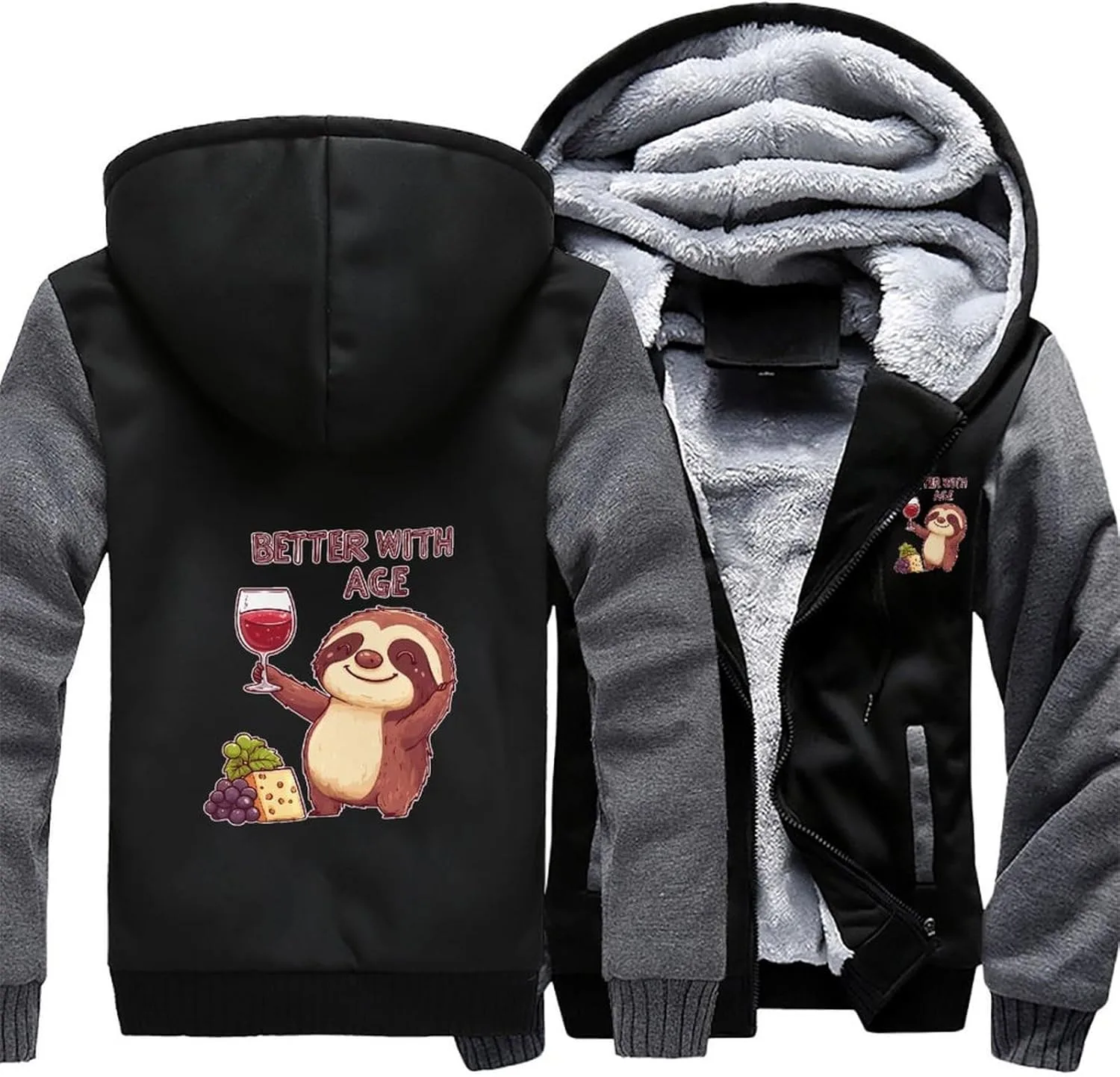 Толстовка Better with Age Wine Cheese Sloth, мужская, утепленная, из плотного флиса, с карманами, для зимы Generic, серый — фото 3