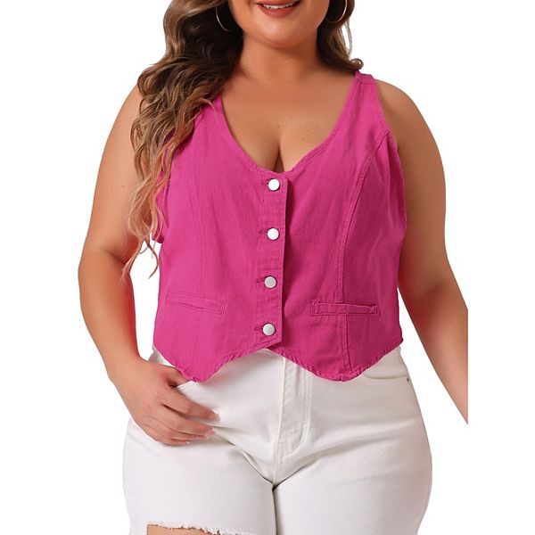 

Женская плюс сайз джинсовая безрукавка на пуговицах в винтажном стиле Agnes Orinda, Hot Pink