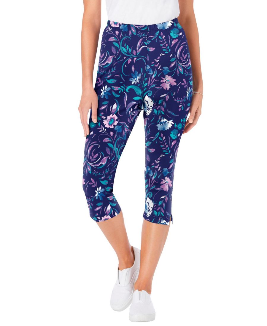 

Леггинсы-капри большого размера из эластичного хлопкового трикотажа с принтом Woman Within, Navy multi florals