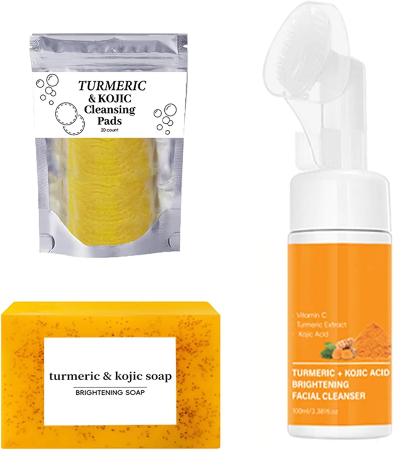 Набор для лица Turmeric 4 в 1 YOY.LAVUROC: очищающие диски 20 шт, мусс 100 мл, мыло 100 г