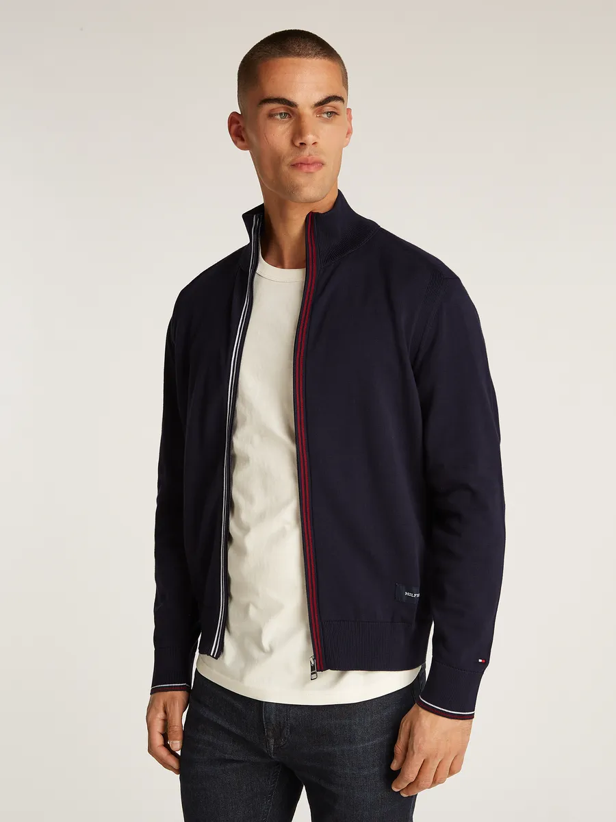 

Кардиган Tommy Hilfiger "RWB TIPPED COTTON ZIP TRUGH" с полосками цветов Tommy на молнии, цвет Desert Sky