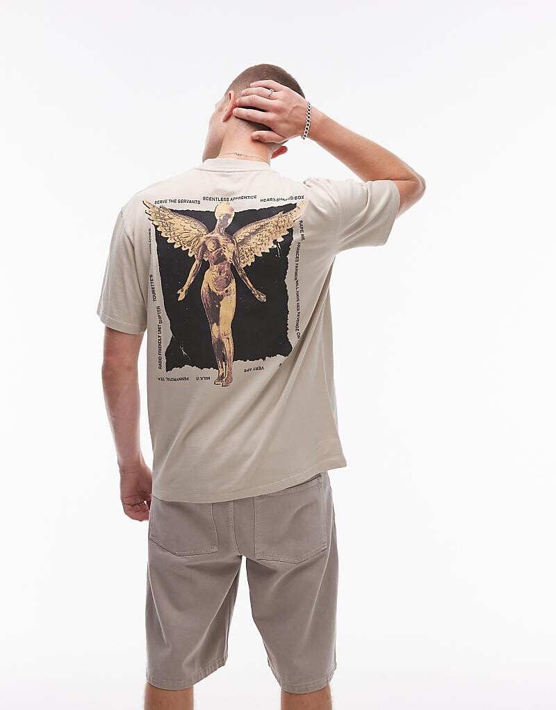 

Серо-коричневая футболка оверсайз Topman с графическим принтом ангела Nirvana спереди и сзади