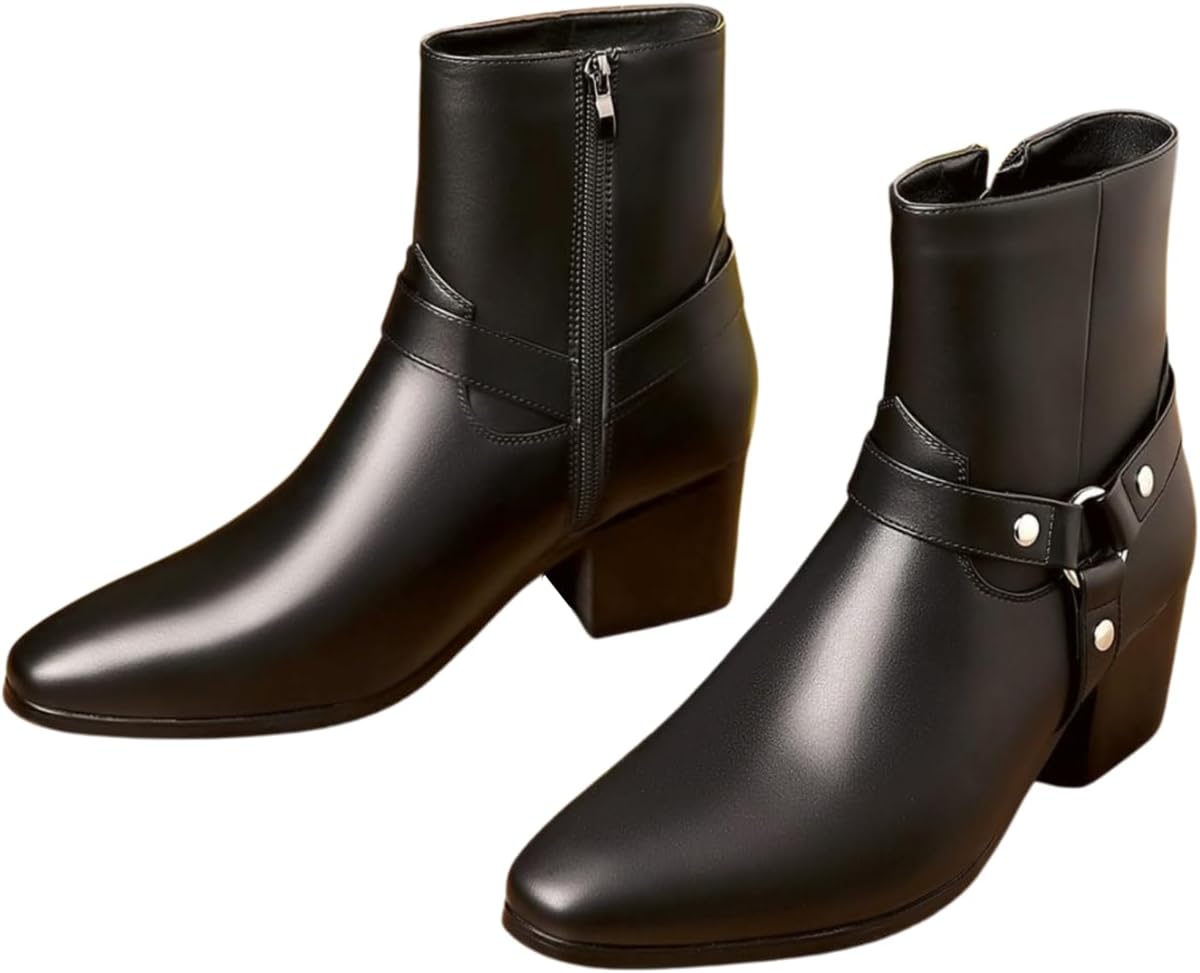 

Мужские кожаные ботинки Santimon с ремешками, ботильоны на низком каблуке с боковой молнией, вестерн, мотоциклетные, для верховой езды, черный