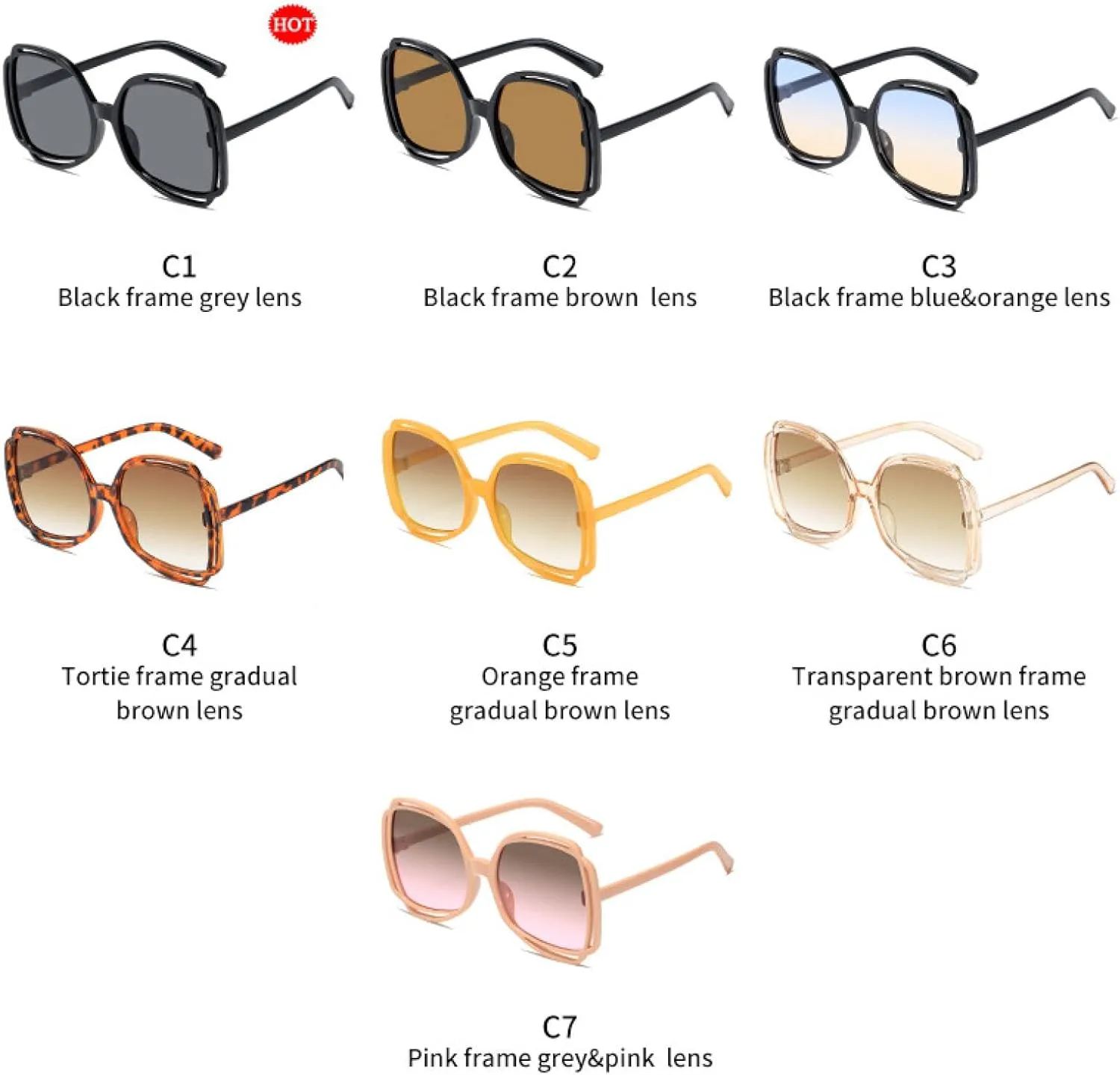 

Модные солнцезащитные очки большого размера с выемками, женские, в стиле ретро, ​​уличные, с застежкой-пряжкой, защита от УФ-излучения UV400 generic, Black Gray