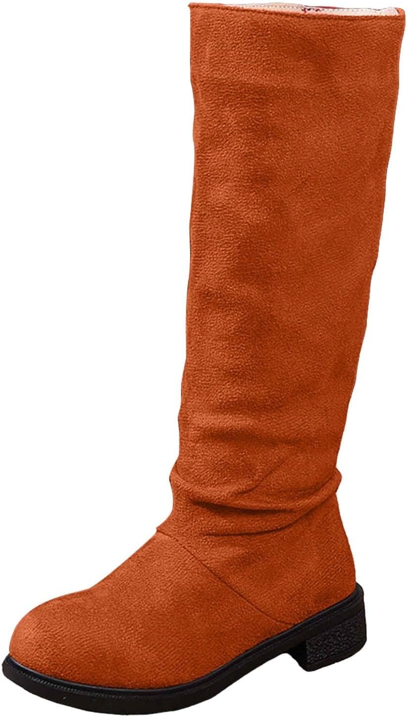 

Женские замшевые ботинки до колена с широкой голенью, платформой, массивным каблуком, плоской подошвой, высокие ботильоны, модная осенне-зимняя обувь, с круглым носком, нескользящие, нарядные Baxtayel, оранжевый