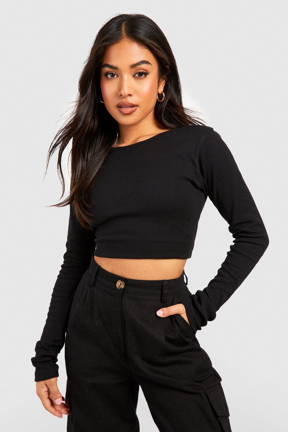 

Топ Petite с длинными рукавами и круглым вырезом boohoo, черный