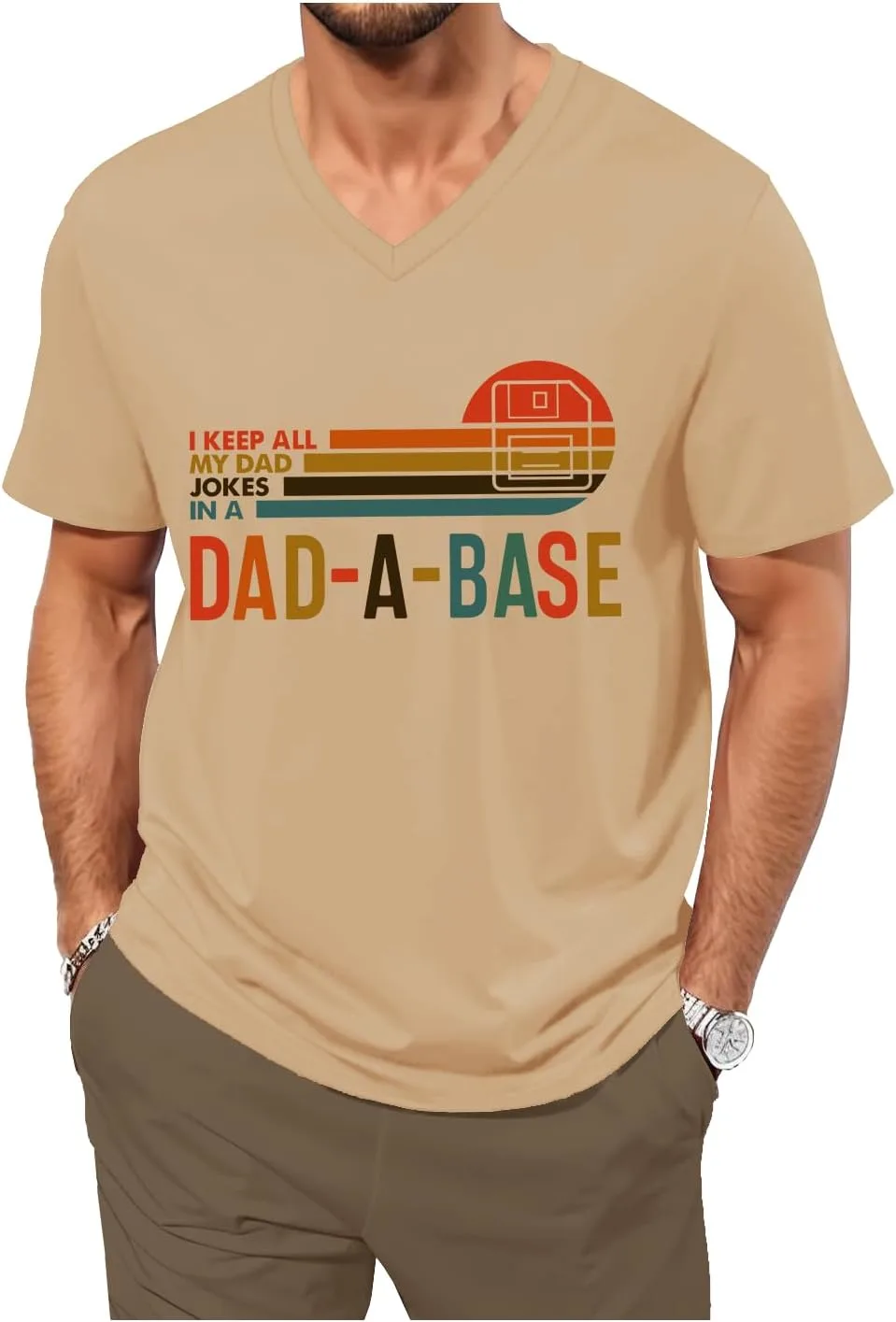 Футболка V-Neck с принтом "I Keep All My Dad Jokes in A Dad-a-Base"