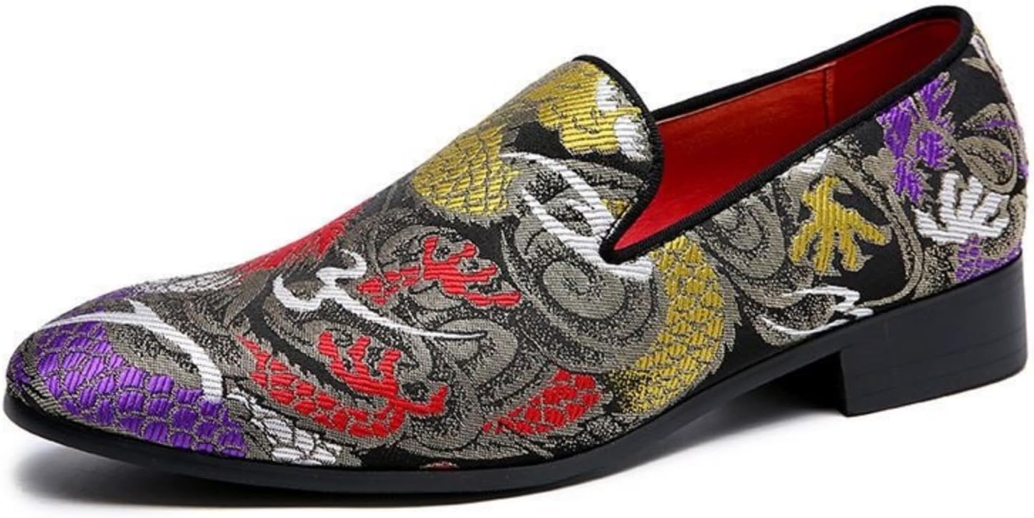 

Мужские модные лоферы QWUIEOIN с китайской вышивкой, заостренным носком, массивным каблуком, нескользящей подошвой, для делового, повседневного стиля, выпускного вечера и вечеринки, черный