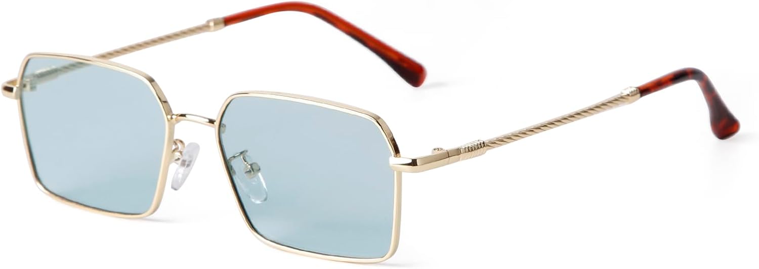 

ADE WU Модные шестиугольные прямоугольные солнцезащитные очки для женщин. Милые, стильные, золотистые металлические прямоугольные солнцезащитные очки с тонированными линзами, Gold/Light Blue