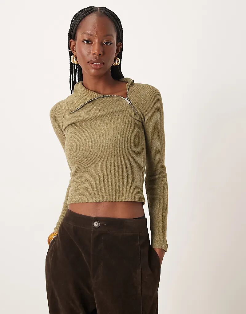 

Супермягкий лонгслив ASOS DESIGN с длинными рукавами и молнией цвета хаки