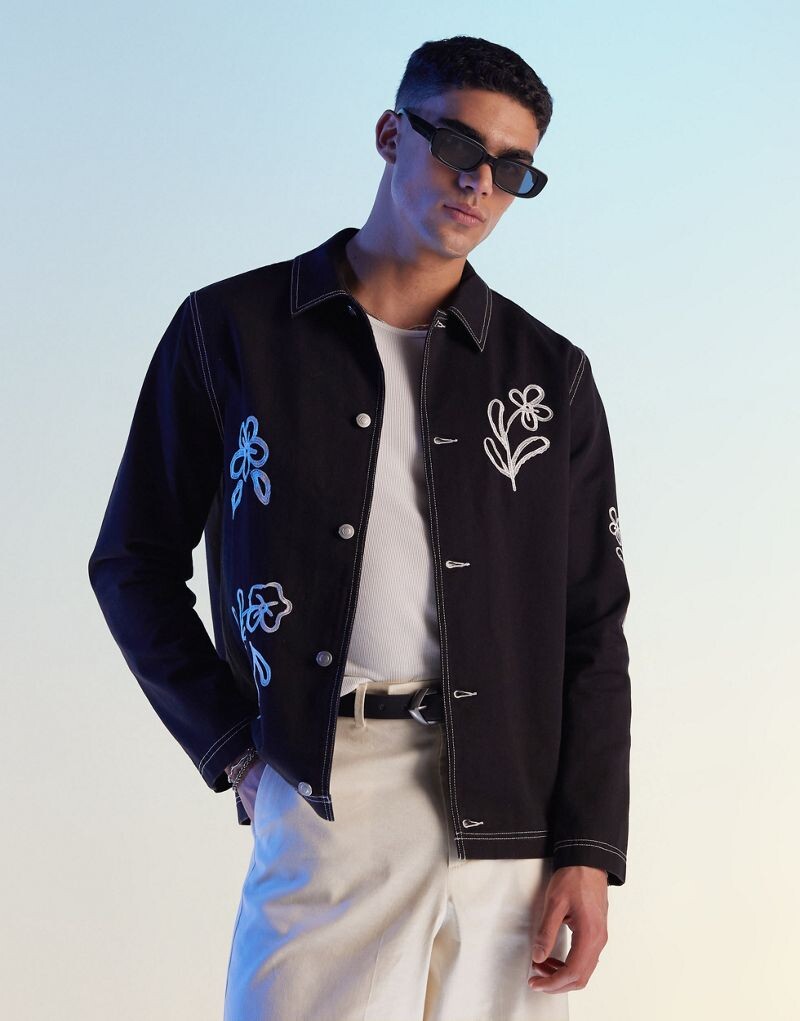 

Черная рабочая куртка с цветочной вышивкой ASOS DESIGN
