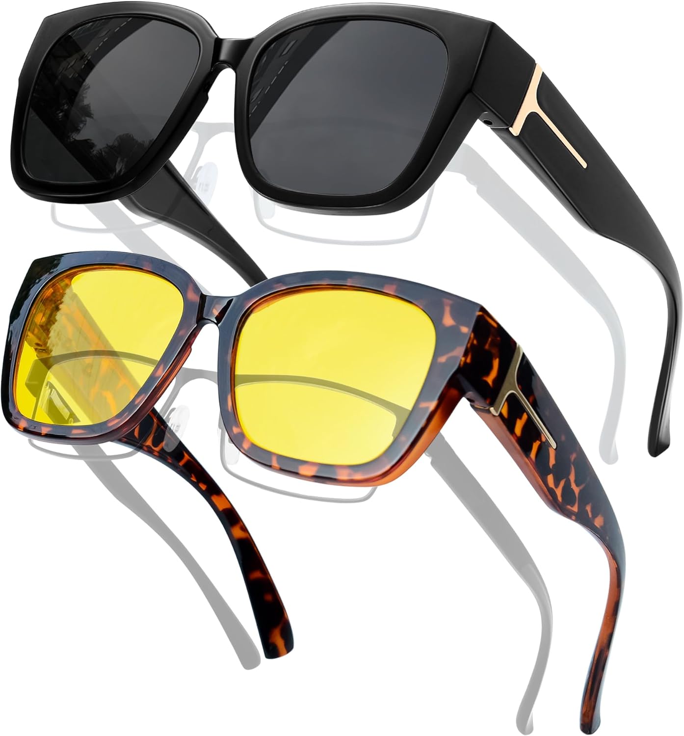 

KANASTAL Солнцезащитные очки поверх очков, поляризованные, увеличенного размера, модные, облегающие, комплект из 2 штук, 【a14】black/Black+tortoise Brown/Non-polarized Yellow