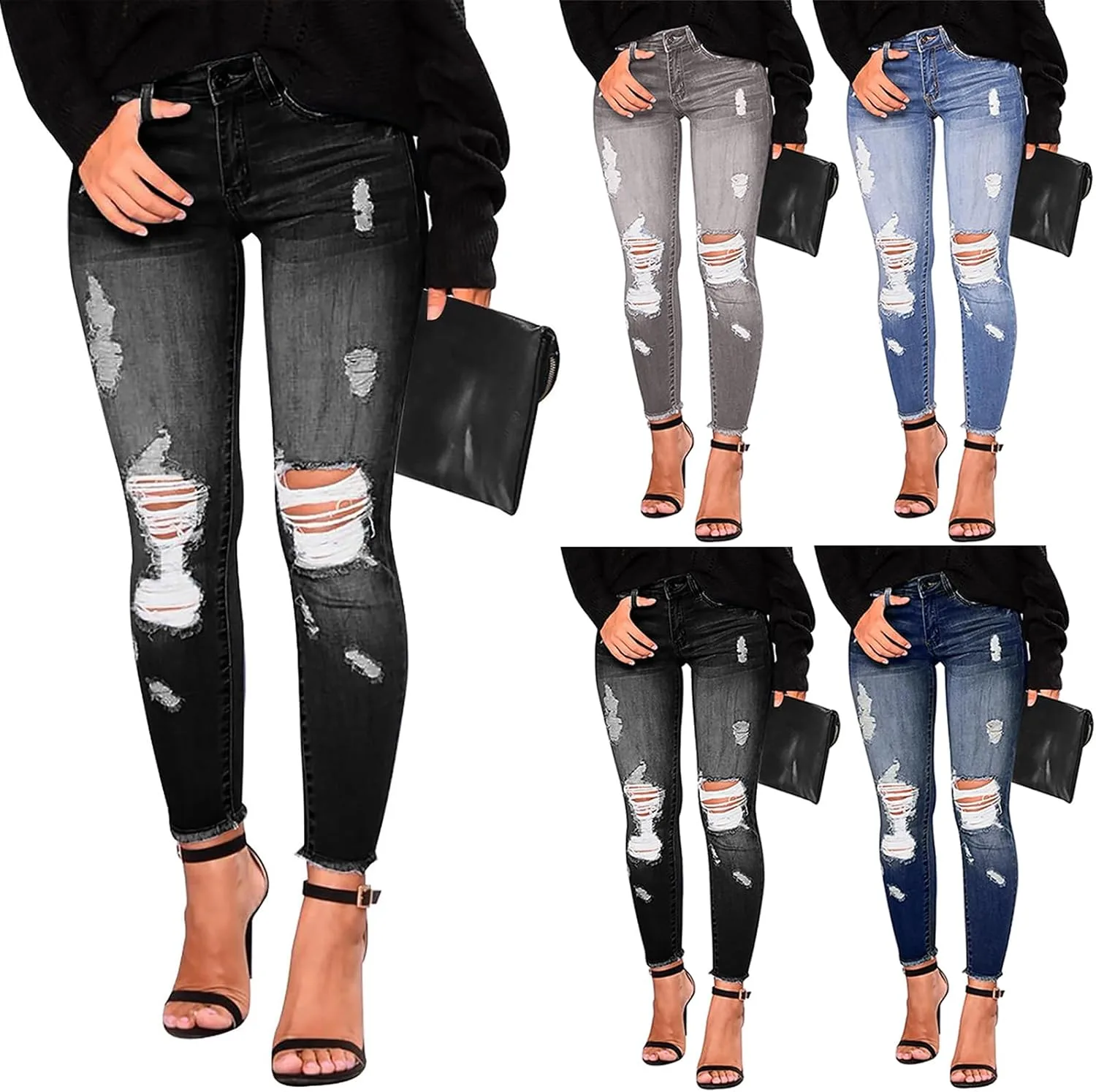 

Скинни джинсы для женщин с высокой посадкой, рваные и эластичные Slakkenreis