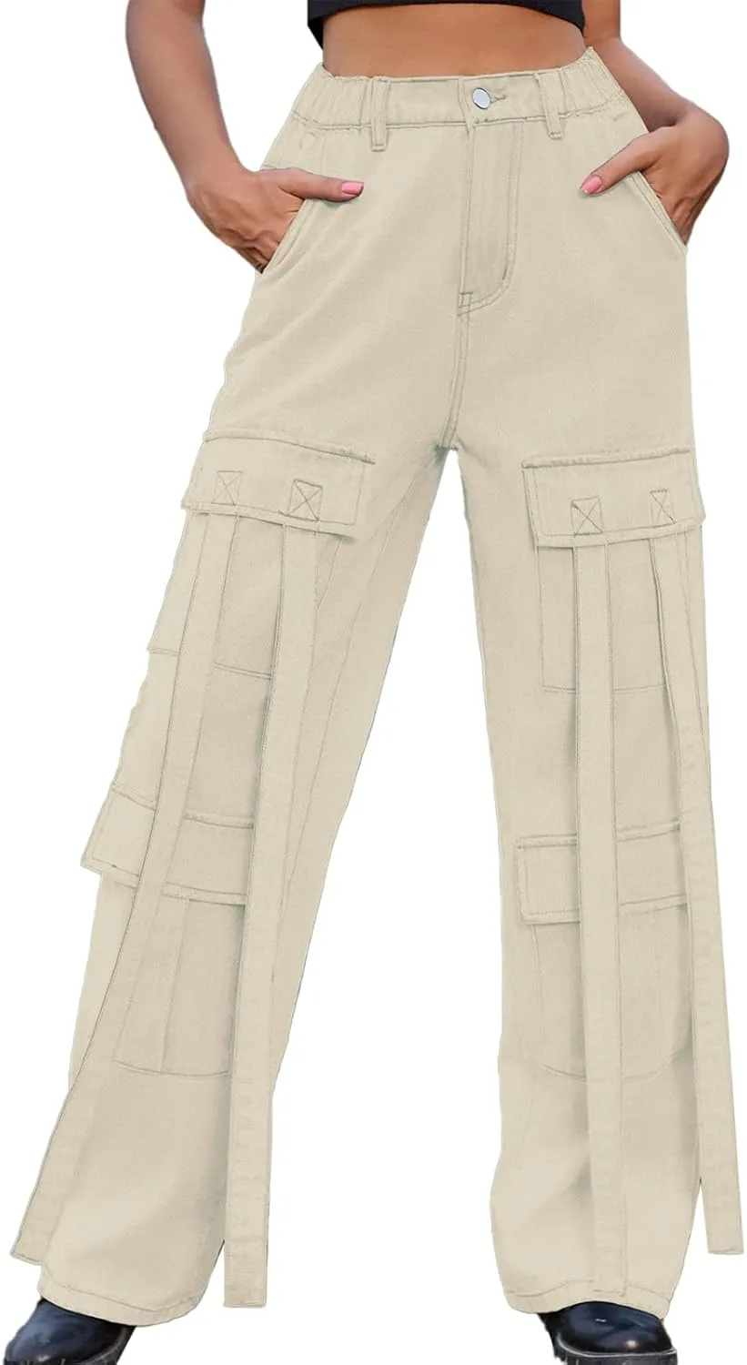 

Женские джинсовые карго-штаны для хайкинга с высокой талией и 8 карманами WOWULOVELY