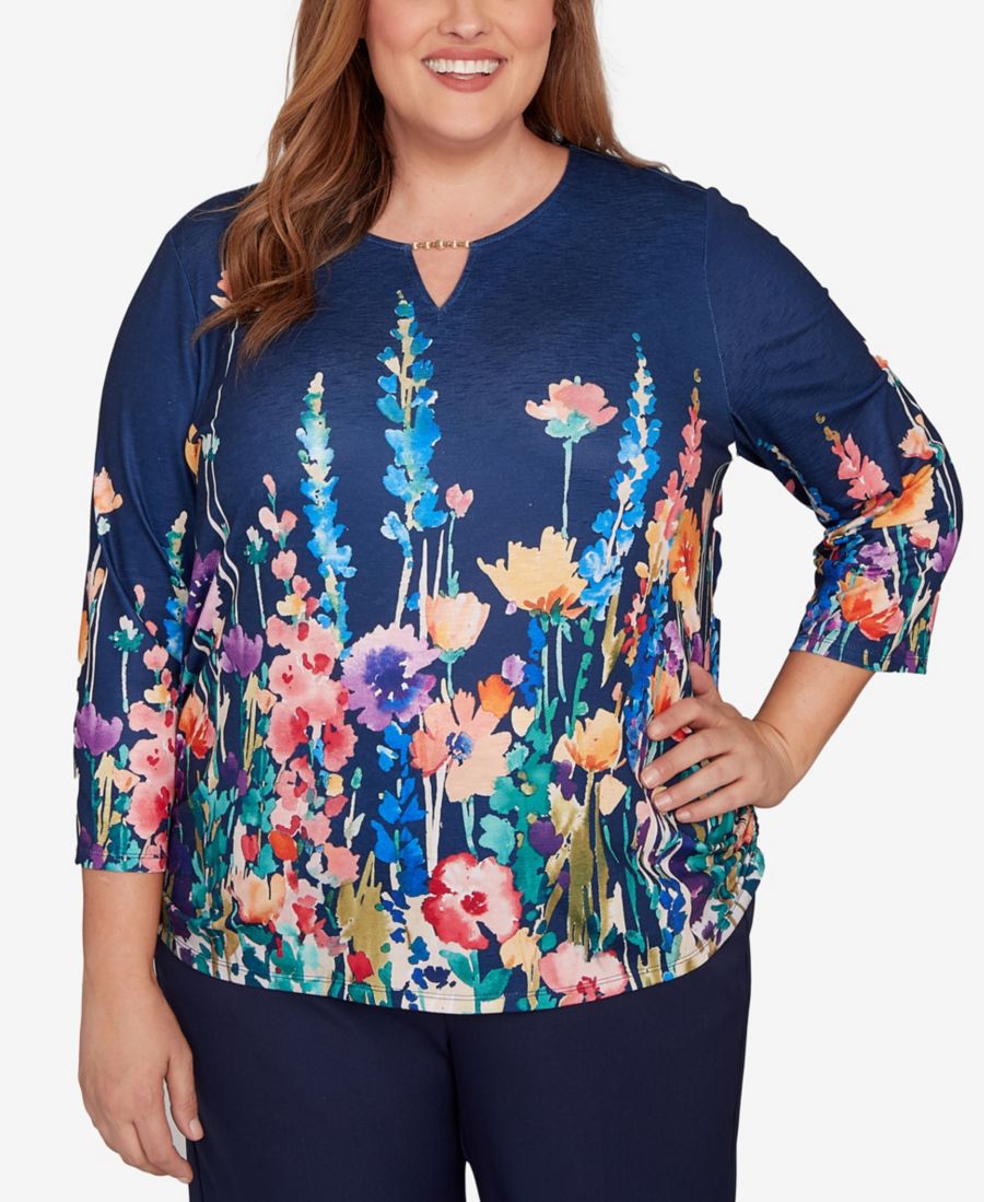 

Вязаный топ большого размера Saratoga Springs с вертикальным цветочным узором Alfred Dunner, Navy Multi