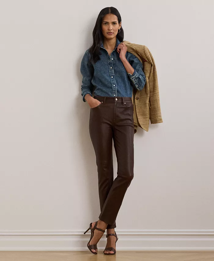 

Женские прямые брюки из овчины с высокой талией Lauren Ralph Lauren, коричневый