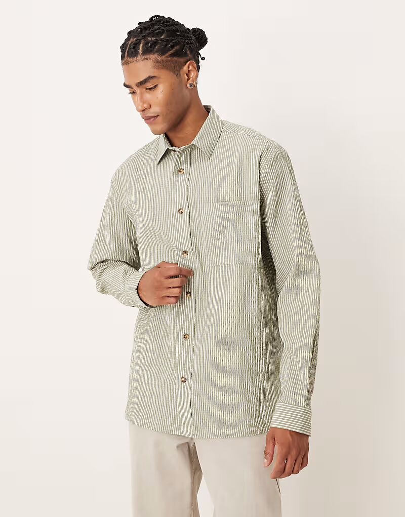 

Свободная рубашка из сирсакера в зеленую и белую полоску Asos Design