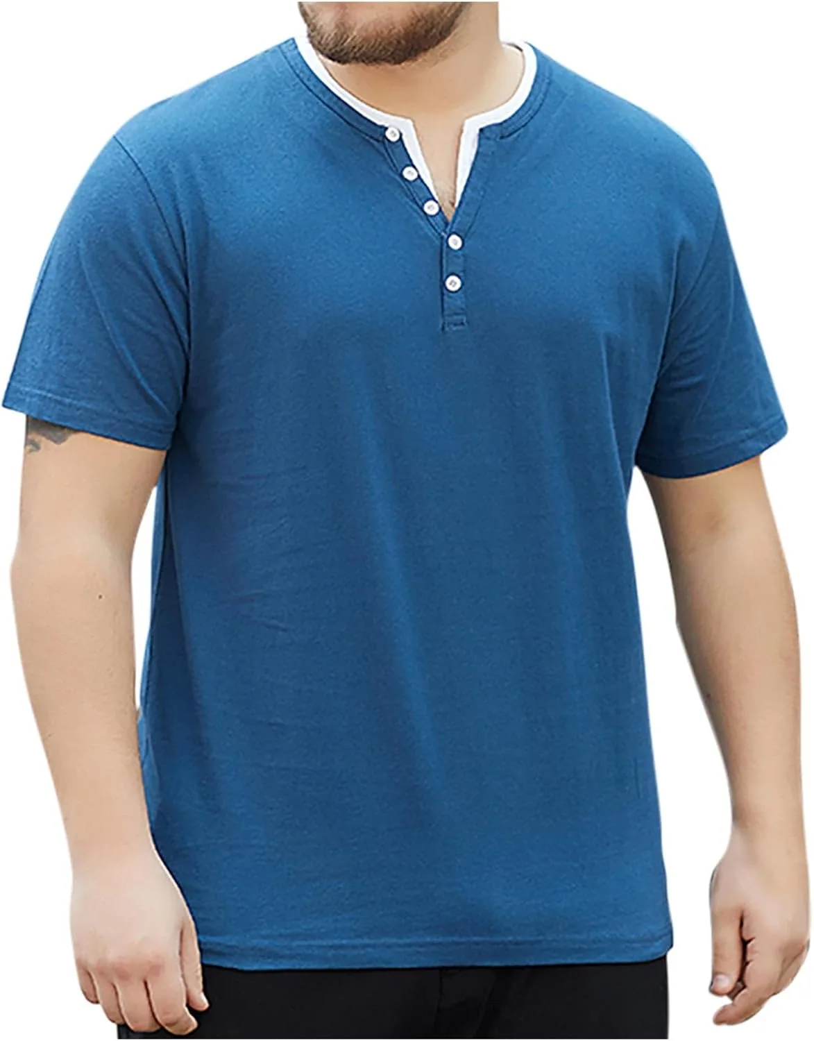 Мужская футболка Henley с коротким рукавом, Plus Size, хлопок, V-образный вырез