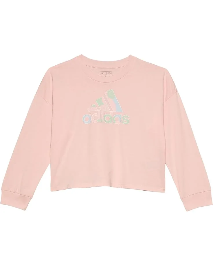 Футболка Adidas Kids Long Sleeve Waist Crew Tee (Toddler/Little Kid), Pink w Multi