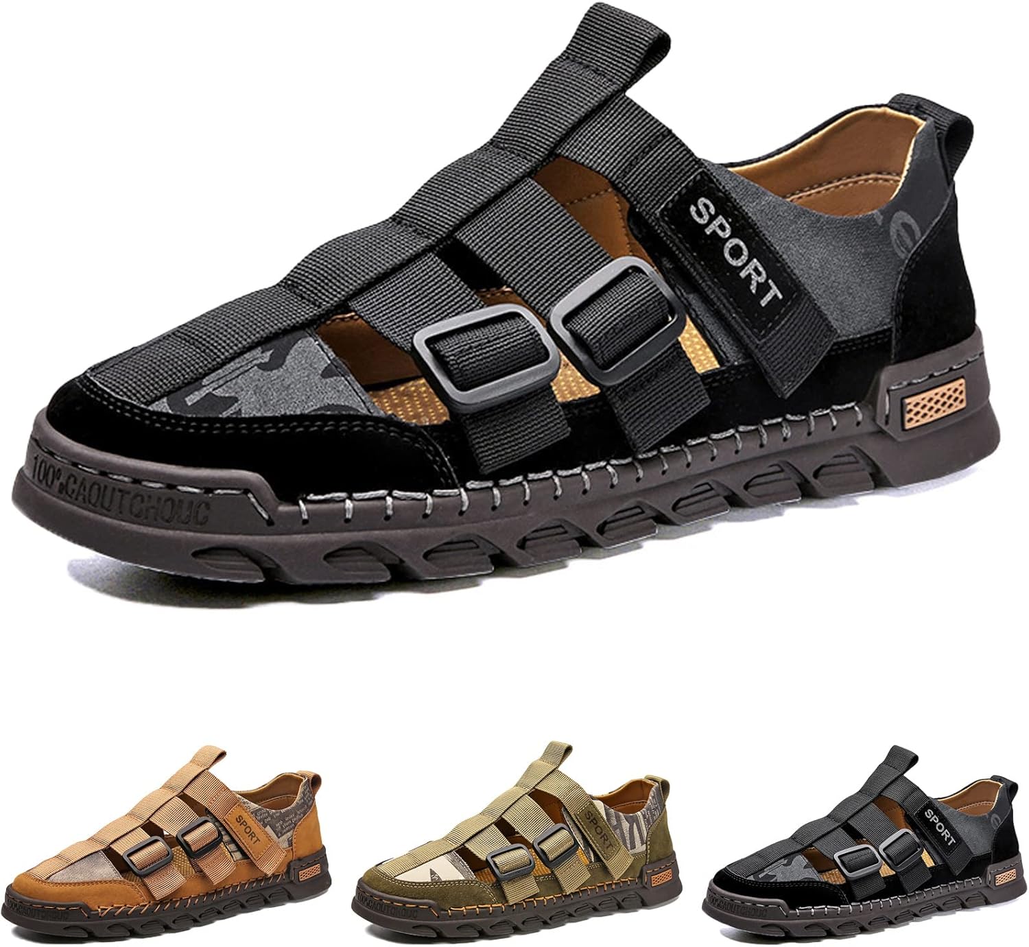 

Мужские кожаные дышащие закрытые сандалии-лодочки с регулируемым ремешком, летние повседневные пляжные нескользящие спортивные сандалии Elshtide, черный