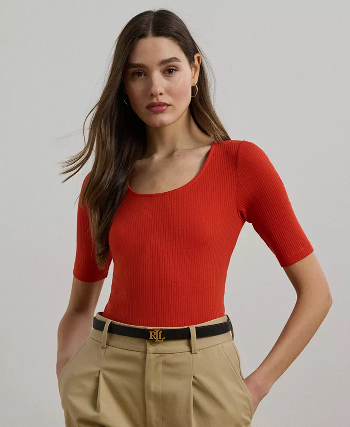 

Женская футболка с рукавом 3/4 из ребристой хлопковой ткани Lauren Ralph Lauren, красный