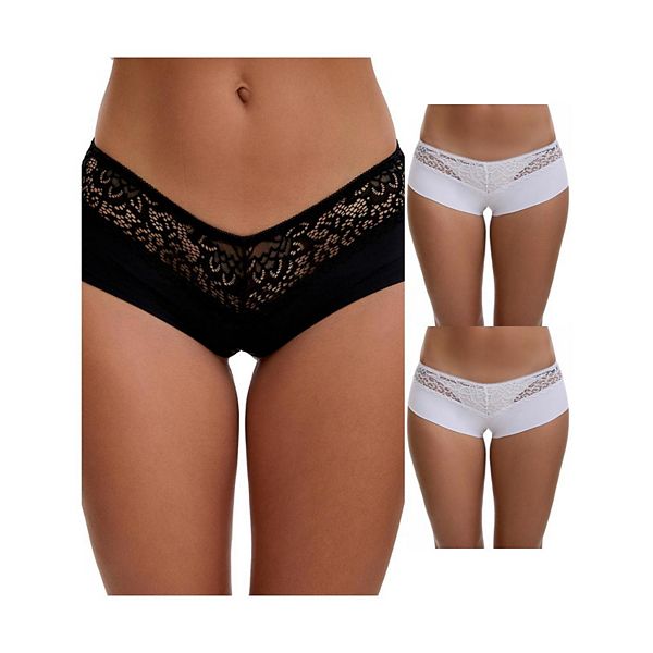 

3 пачки женских кружевных шортиков из ледяного шелка с вырезом, мид-райз Inspire Chic, White Black