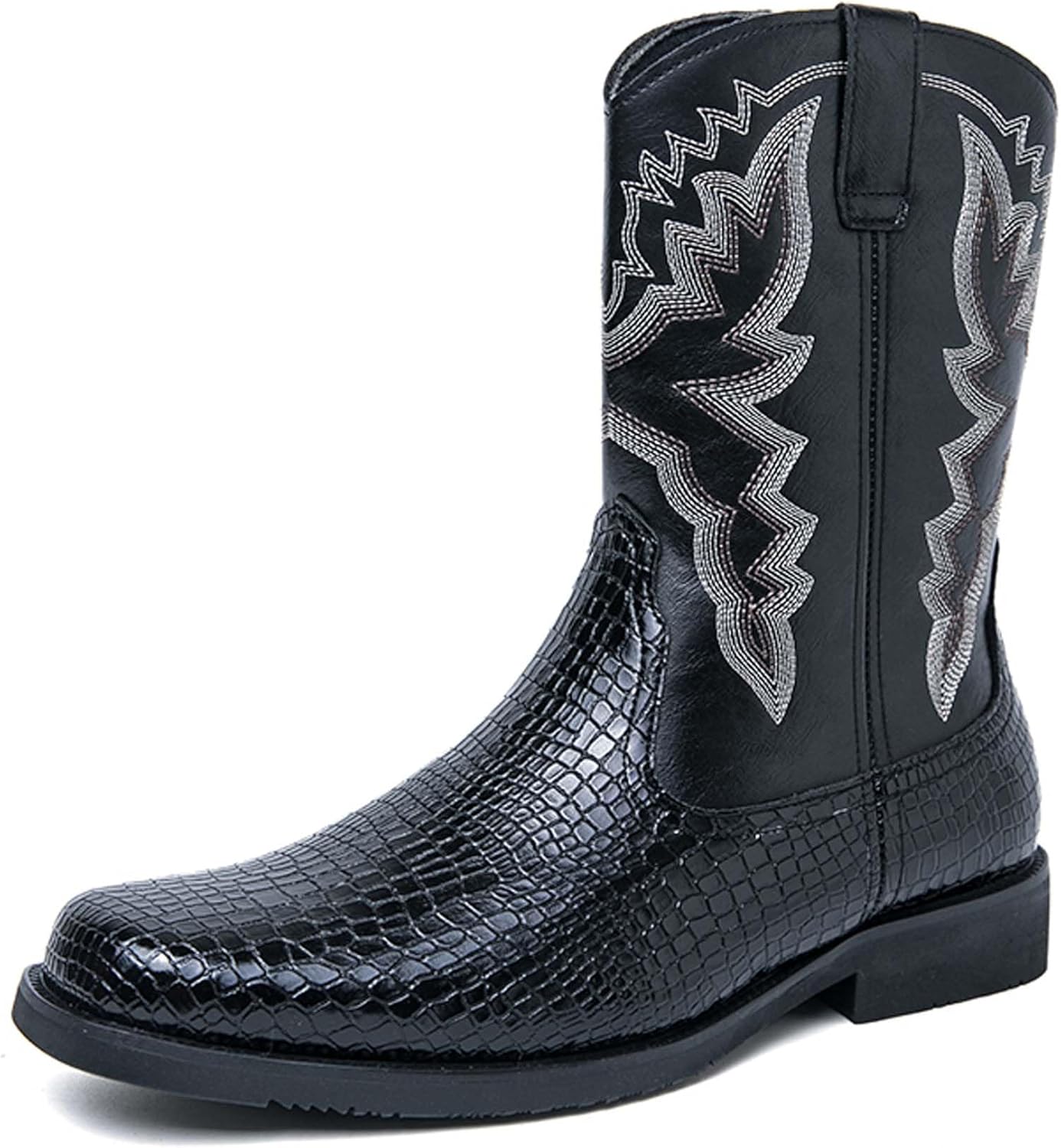 

Мужские джинсовые ботинки с квадратным носком, с ретро-вышивкой, вестерн, рыцарские ботинки, противоскользящие, легкие, высокие, формальные кожаные туфли Generic, черный