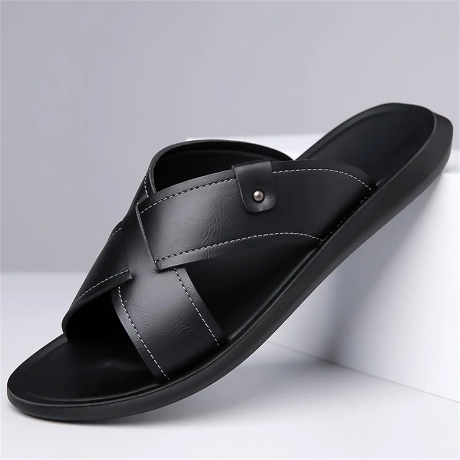 Mens Leather Flat Beach Сандалии Comfort Arch Support Anti Slip Flip Flop Сандалии For Vacation Beach Indoor & Outdoor Daily BANGTEUO, черный — фото 4
