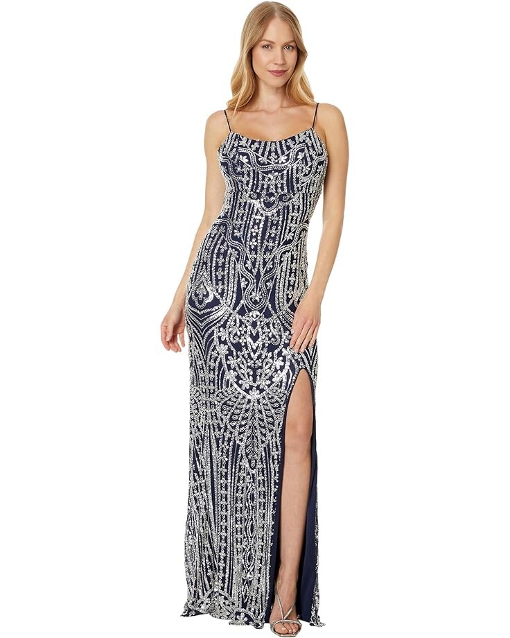 

Платье Betsy & Adam Long Beded Sequin Placement Slit, темно-синий