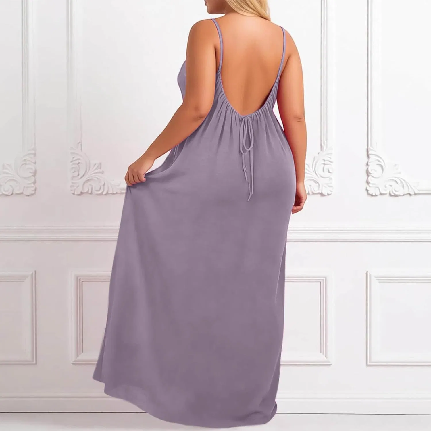 Платье-ками Backless для женщин Plus Size, бесшовное, без рукавов, домашнее, длинное, с завязкой на спине Generic, светло-фиолетовый — фото 2
