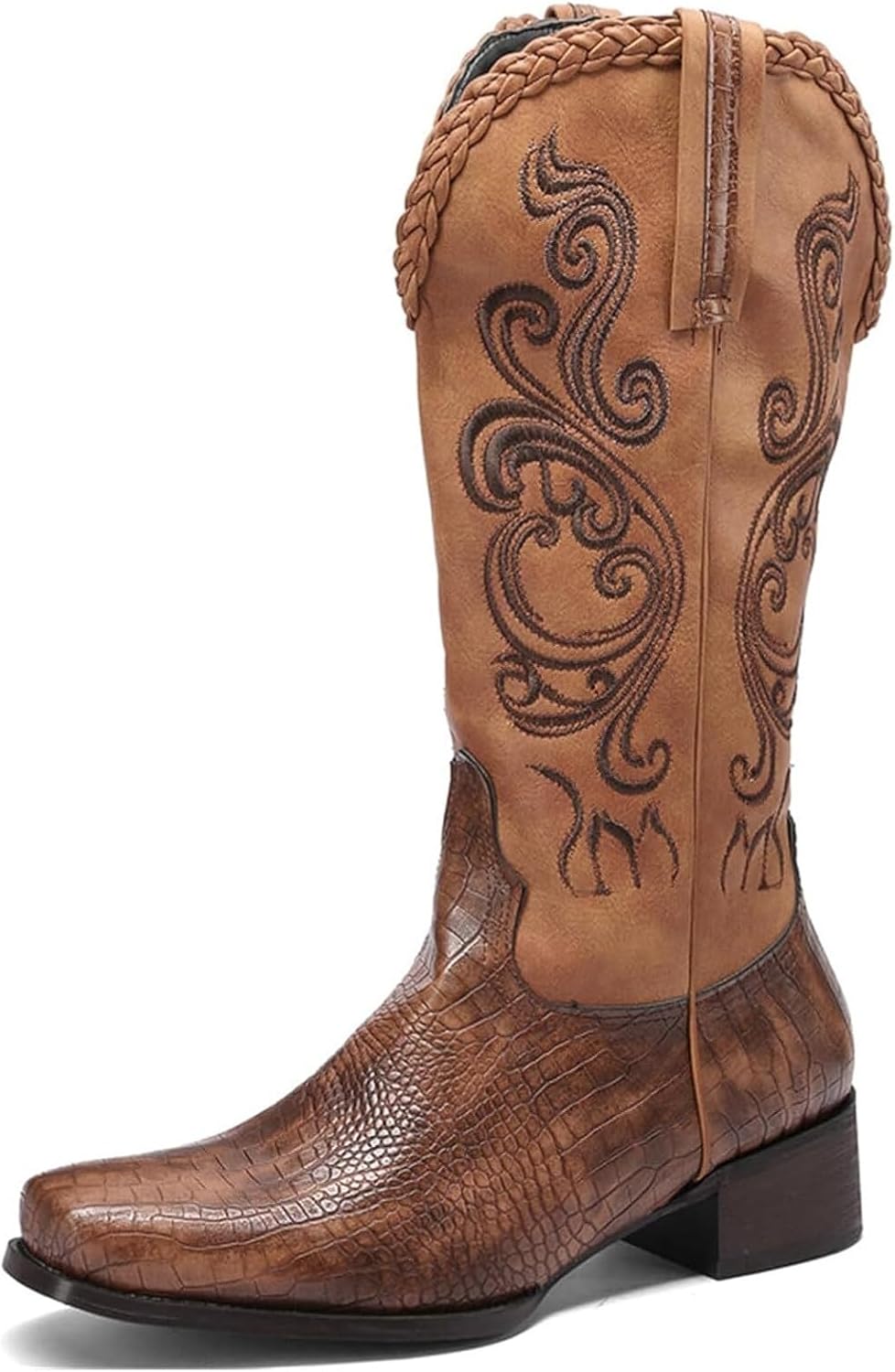 

Мужские ковбойские ботинки в западном стиле, с квадратным носком, вышивкой и прочные ботинки Generic, коричневый