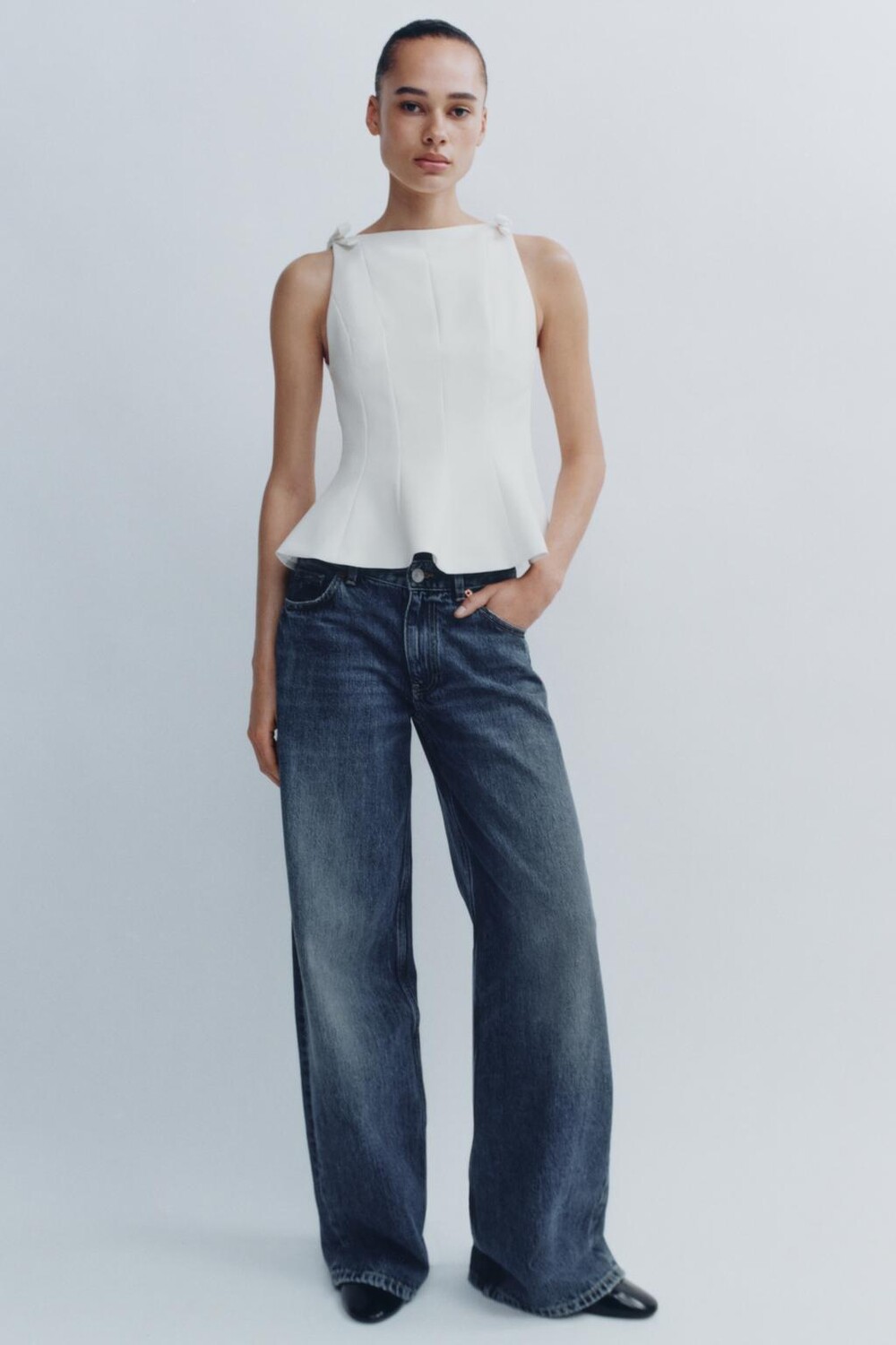 

Топ с баской и бантиками ZARA, белый