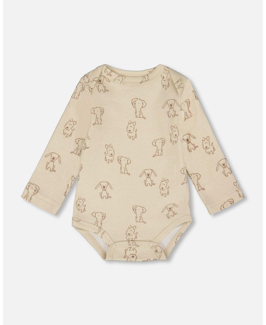 

Детский хлопковый комбинезончик для мальчика, бежевый, с принтом щенков Deux par Deux, Beige puppy print