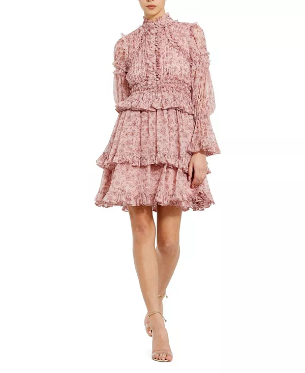 

Мини-Платье с длинными рукавами, открытым передом, высоким воротником и оборками. Mac Duggal, красный