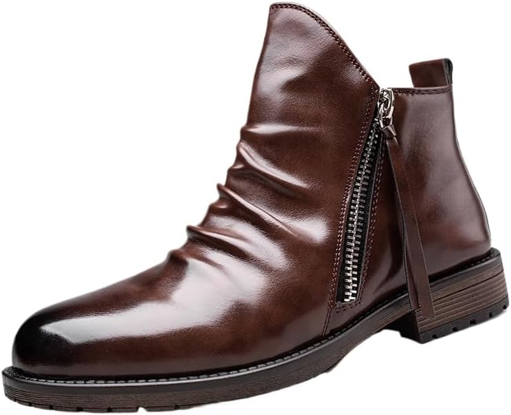 

Мужские ботинки челси, повседневные, классические, удобные, без шнурков, кожаные, чукка, мужские ботильоны с двойной молнией, велосипедные ботинки Hhhchpm, коричневый