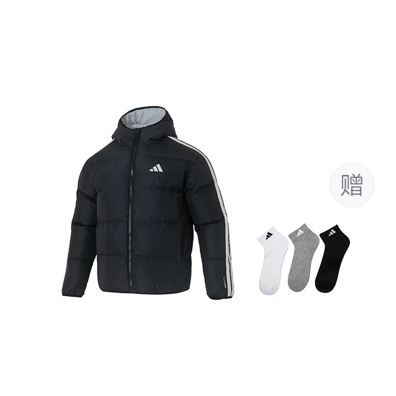 Пуховик мужской с капюшоном, реверсивный Adidas, черный (with A Free Adidas Sock 1 Pack)