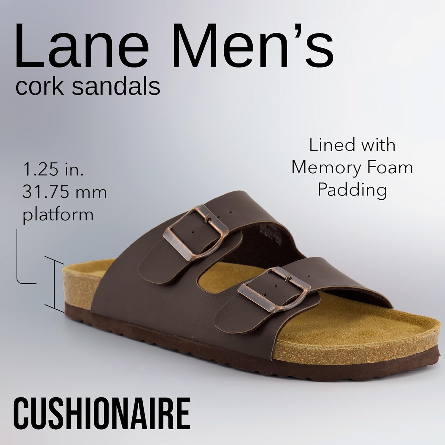 Мужские сандалии CUSHIONAIRE Lane с пробковой стелькой, регулируемые с пряжкой, комфортные шлепанцы, стелька из натуральной кожи, летняя обувь для мужчин, коричневый — фото 3